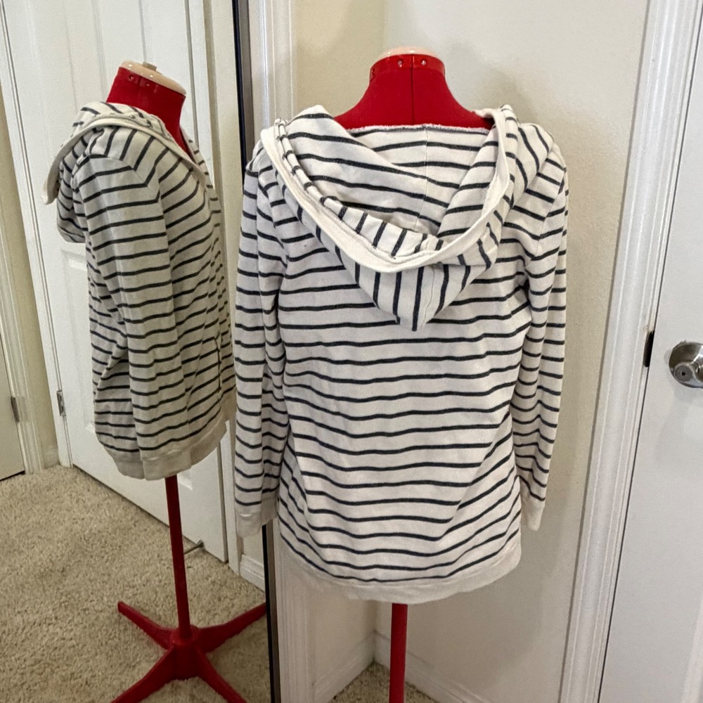 Obey Propaganda Womens Striped V-Neck Hoodie White Navy Blue Cotton Pullover L - Picture 4 of 5
